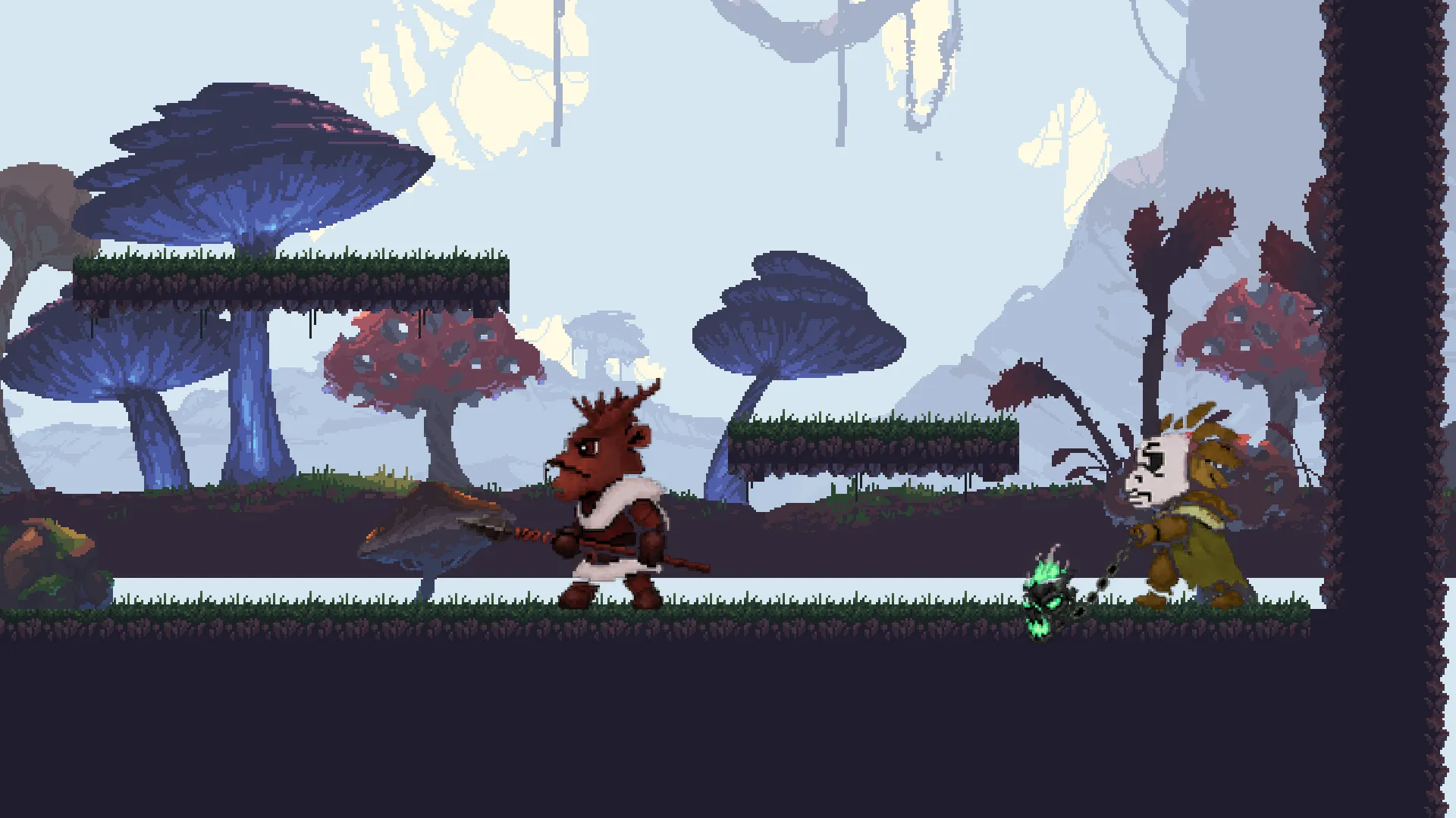 Boss fight in the Marsh arena: a horned beast with a spear and a masked witch swinging a chained skull, among giant mushrooms.