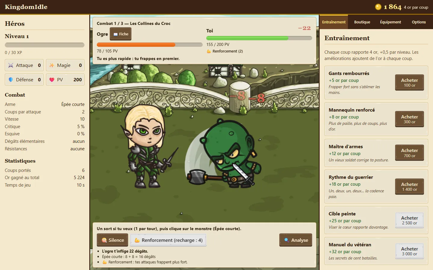 Raid battle in KingdomIdle: the elf hero fights an ogre, with health bars at the top and spells at the bottom.